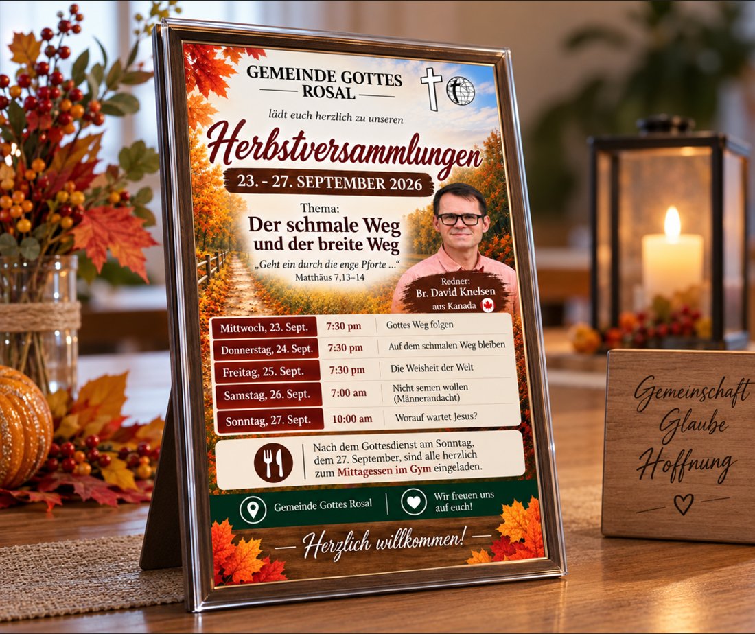 Herbstversammlung 23.–27. September 2026, Thema: Der schmale Weg und der breite Weg, Redner: Br. David Knelsen